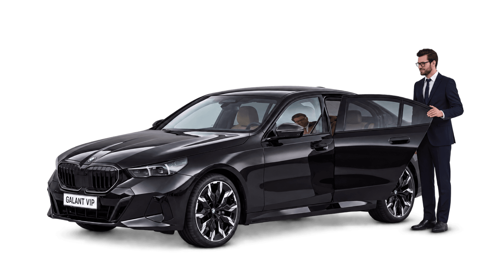 BMW Seria 5 negru, cu șofer lângă portiera deschisă, pentru serviciul Galant VIP