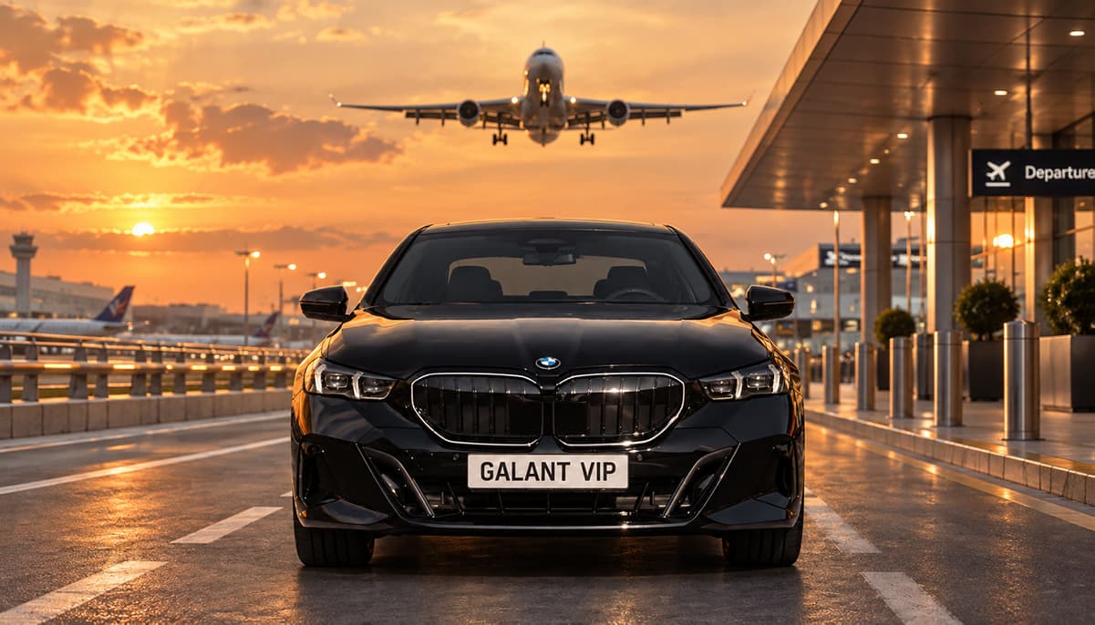 BMW negru Galant VIP în fața unui terminal de aeroport, cu un avion în zbor în fundal.