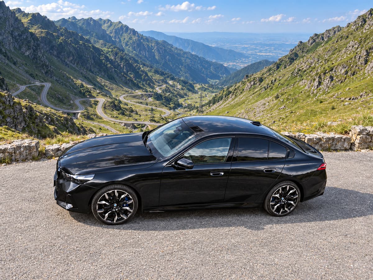 BMW negru oprit pe un drum montan, cu o vale și creste de munte în fundal.